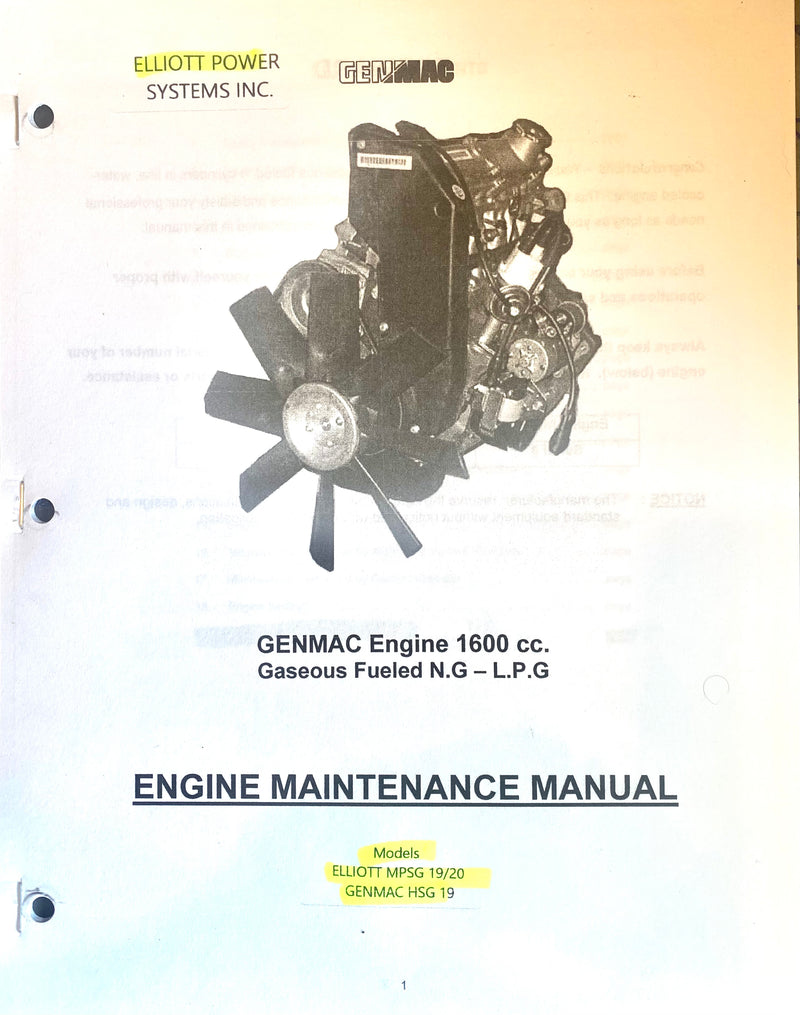 26171600 Elliott MPSG 19/20 and the Genmac HSG 20 engine maintenance manual. This engine maintenance manual covers the Fiat 1600cc engine.