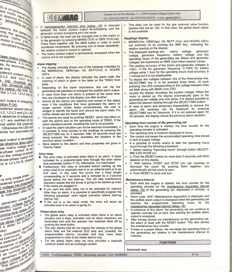 TE 803 Controller Manual, Includes Operation, Technical informational manual for the Elliott and Genmac Generators Models MPSG/HSG 12, 12, 19 and MPSD/HSD 17 and 21 diesel units