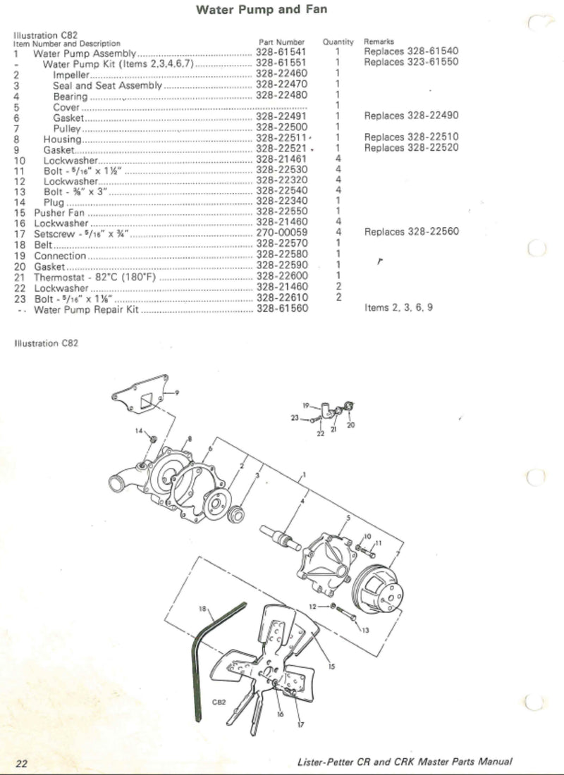 328-61560 Water Pump repair kit, Used on the CR, CRK, CD, CDT, CS, and CST Lister Petter engines.