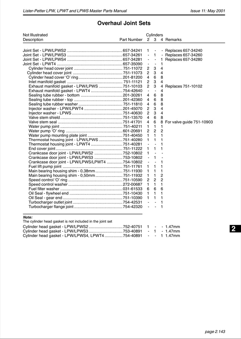 Lister Petter 657-34281, LPW/S4 overhaul gasket/joint set, Complete overhaul gasket/joint set for the LPW4 model engines.
