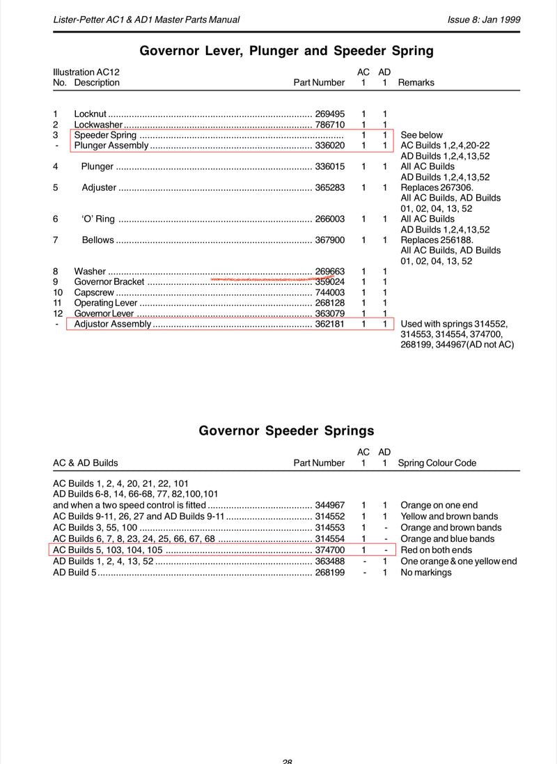 268199 Speeder Spring, speeder fits AD1 series engines build number 05