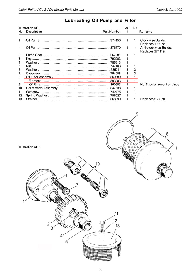 Lister Petter Oil Pump part number 374150, used on the ARange engines ie, AC1 and AD1.