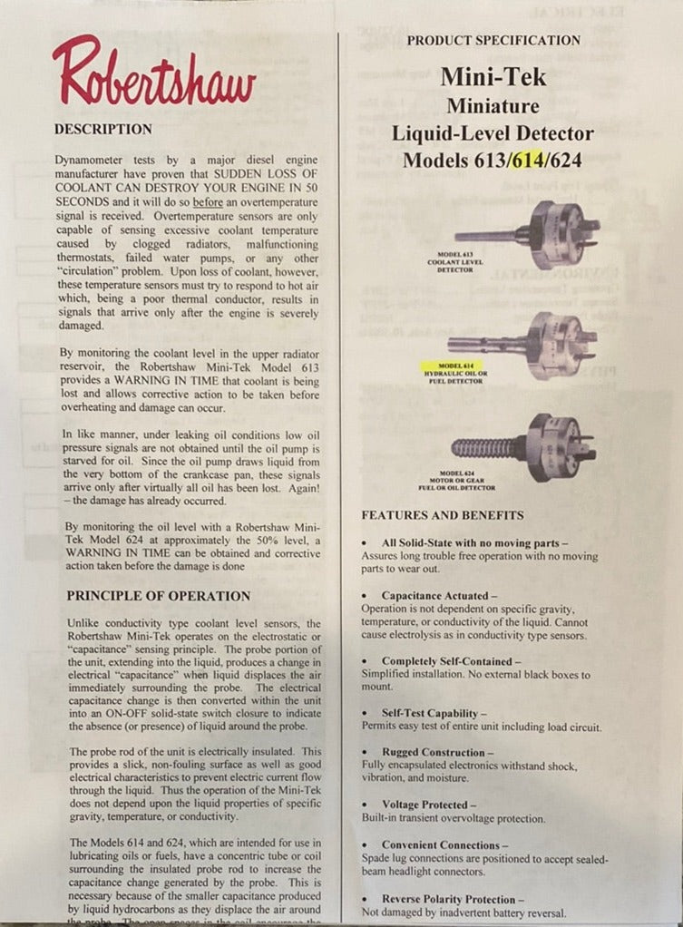 614-NLU-0000-0 Robertshaw Mini-TEK liquid level detector, model 614